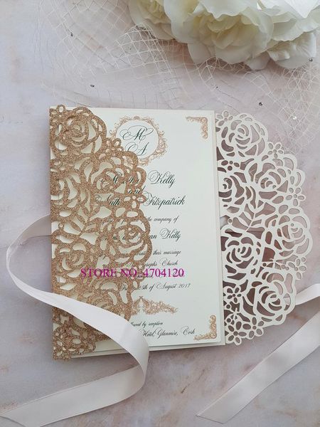 50pc rose gold glitter laser cut wedding invitations with ivory ribbon and glittery envelope customized printing invites
50pc rose gold glitter laser cut wedding invitations with ivory ribbon and glittery envelope customized printing invites