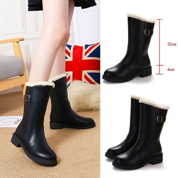 

women's leather boots with belt buckle ladies winter2019 mid calf boots woman leather snow rain footwear warm shoes, Black