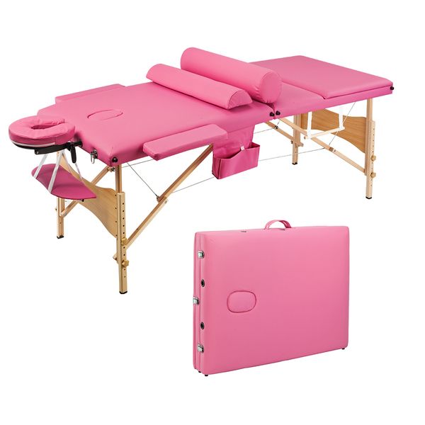 Waco Salon Portable Massage Spa Bed, 3 Sections Folding Aluminum Tube Adjustable Headrest, Facial Beauty Body Building Table Pink