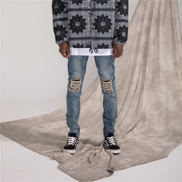 new europe and the united states tide brand wear broken patch slim feet jeans men high street wind scraped cashew flower stitchi, Blue
new europe and the united states tide brand wear broken patch slim feet jeans men high street wind scraped cashew flower stitchi, Blue