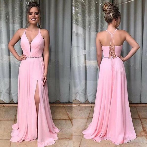 2019 Sexy Pink Cheap High Slit Prom Dresses With Bead Sash Lace-up Backless Formal Prom Party Gowns Plus Size Long Evening Dresses