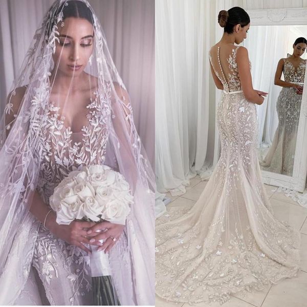 2019 mermaid wedding dresses sheer neck lace appliqued bridal gowns button back trumpet plus size tulle wedding dress cheap, White
2019 mermaid wedding dresses sheer neck lace appliqued bridal gowns button back trumpet plus size tulle wedding dress cheap, White