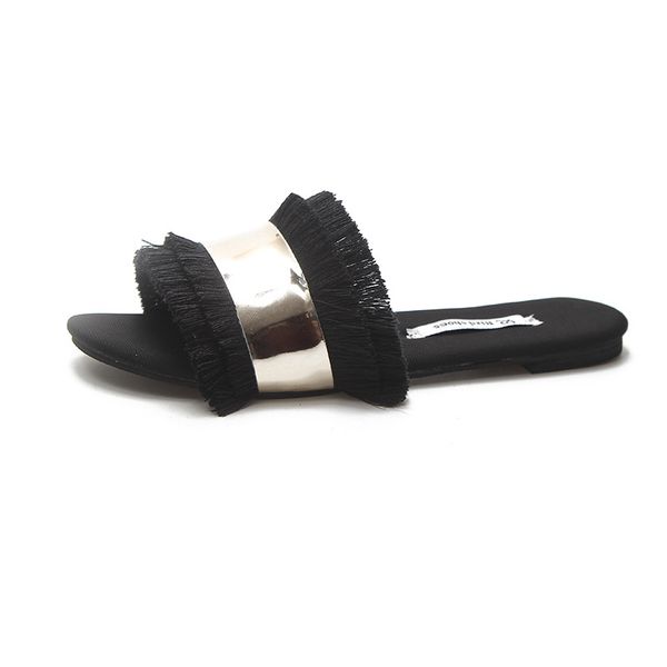 slippers female 2019 summer new wild fashion wear simple tassels word slippers flat female sandals, Black