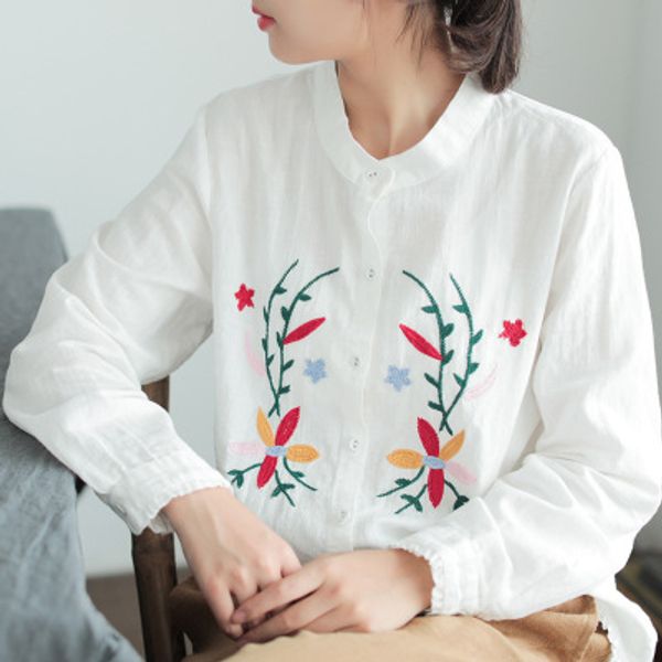2019 spring and autumn new ramie stand collar embroidered shirt literary wood ear front short long blouse, White
2019 spring and autumn new ramie stand collar embroidered shirt literary wood ear front short long blouse, White