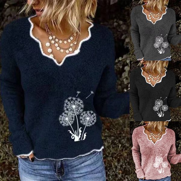 2020 new style selling v-neck knit pullover sweater dandelion embroidered sweater, White;black