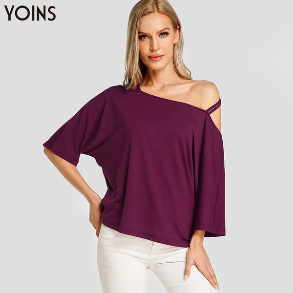 

yoins hollow backless off shoulder 3/4 length sleeve blouse 2019 women stylish shirt casual loose solid tank blusas, White