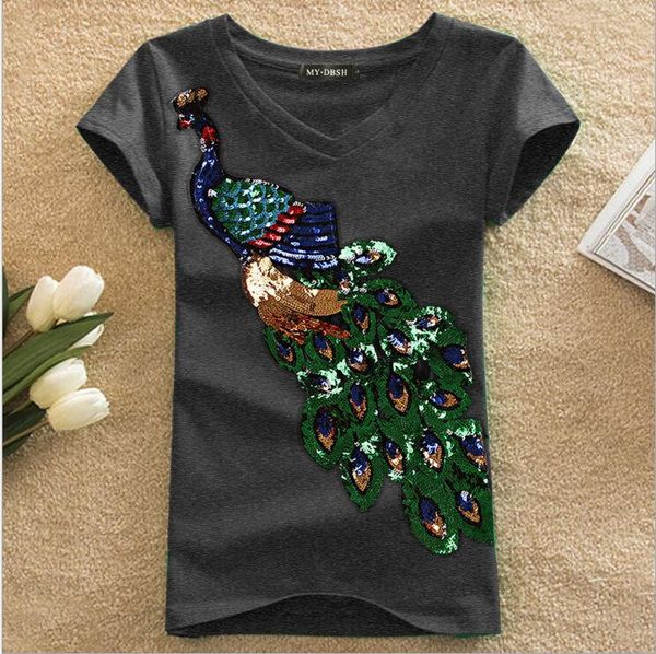 women's new peacock pattern sequin embroidery cotton short sleeve t-shirt women's slim fashion 205, White
women's new peacock pattern sequin embroidery cotton short sleeve t-shirt women's slim fashion 205, White