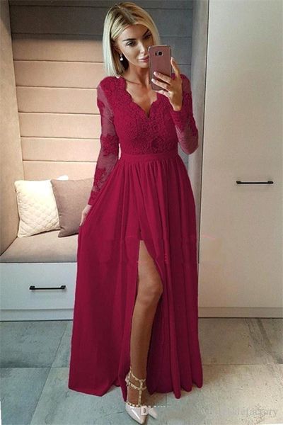 black v neck sheer long sleeves satin evening dresses lace split a line party prom dresses, White;black
black v neck sheer long sleeves satin evening dresses lace split a line party prom dresses, White;black