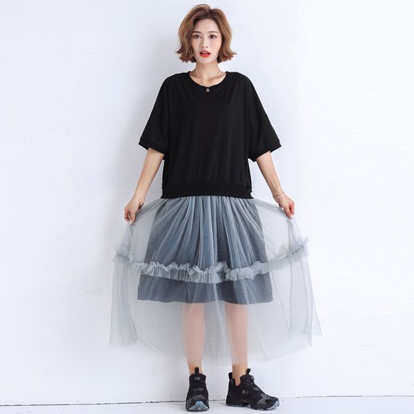 johnature 2019 o-neck short sleeve casual patchwork mesh loose women dresses korean simple summer new dresses, Black;gray
johnature 2019 o-neck short sleeve casual patchwork mesh loose women dresses korean simple summer new dresses, Black;gray