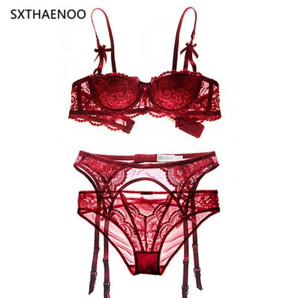 sxthaenoo women lace ultra thin half cup bra and panty lingerie set with garters black red white underwire bralette sets, Red;black
sxthaenoo women lace ultra thin half cup bra and panty lingerie set with garters black red white underwire bralette sets, Red;black