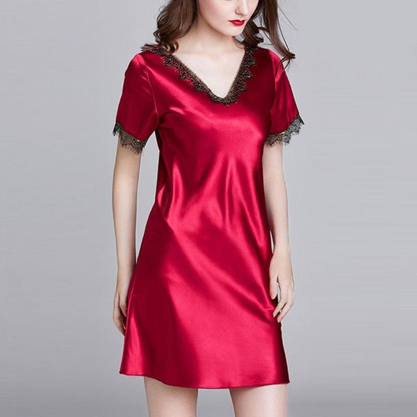 lingerie sleepwear women lace satin short sleeved night dress v neck nightgowns summer fashion casual home nightwear, Black;red
lingerie sleepwear women lace satin short sleeved night dress v neck nightgowns summer fashion casual home nightwear, Black;red