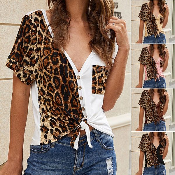 5 colors women's leopard stitching v neck summer tee loose button hem knoted casual t shirt leisure ladies tshirt, White
5 colors women's leopard stitching v neck summer tee loose button hem knoted casual t shirt leisure ladies tshirt, White