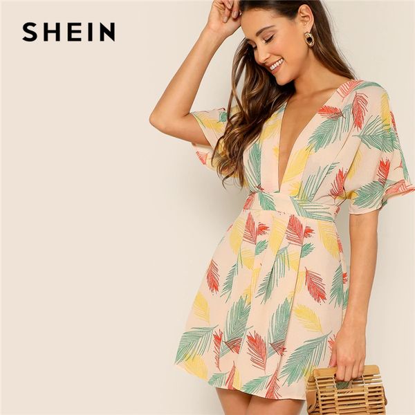 

shein plunge neck tied open back tropical dress deep v neck fit and flare women dresses 2019 short sleeve summer dress, Black;gray