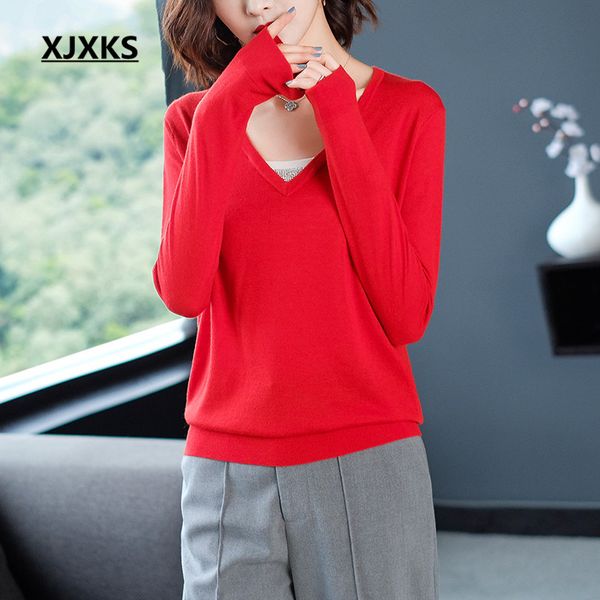 xjxks fashion big v-neck solid color all-match women sweater 2019 autumn winter new high-end wool women knitted sweater pullover, White;black
xjxks fashion big v-neck solid color all-match women sweater 2019 autumn winter new high-end wool women knitted sweater pullover, White;black