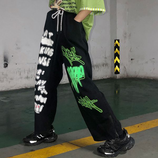 women graffiti letter print loose casual jeans female streetwear hip hop punk gothic straight harem trouser wide leg denim pants, Blue
women graffiti letter print loose casual jeans female streetwear hip hop punk gothic straight harem trouser wide leg denim pants, Blue