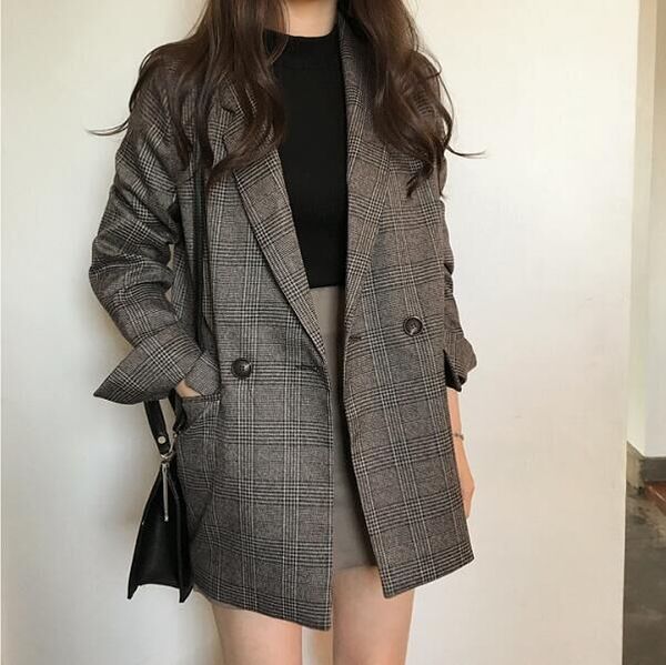 deiver's new retro british plaid chic blazer jacket looks thin with one button, Black
deiver's new retro british plaid chic blazer jacket looks thin with one button, Black