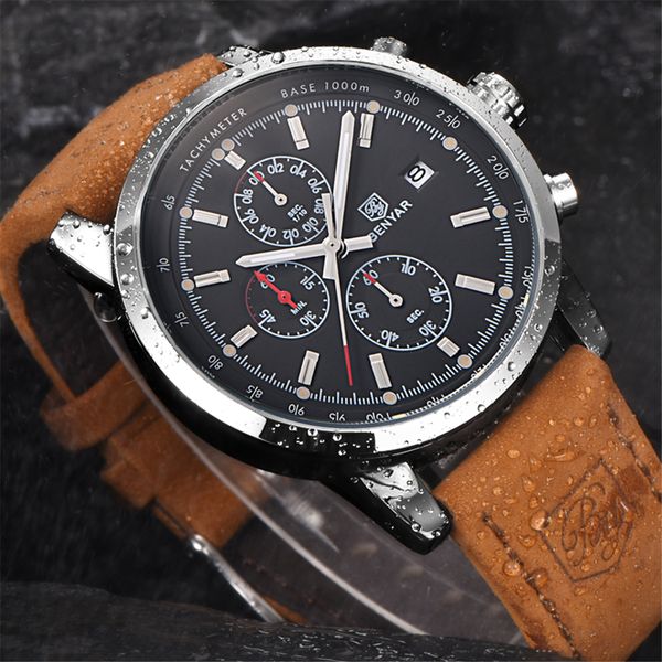 mens watch benyar quartz watch sport leather waterproof chronograph men's relogio masculino, Slivery;brown 
mens watch benyar quartz watch sport leather waterproof chronograph men's relogio masculino, Slivery;brown