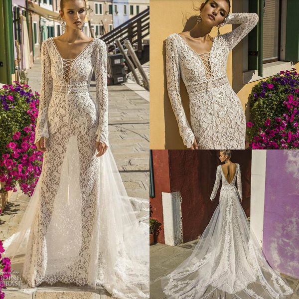 2019 mermaid wedding dresses with detachable train deep v neck lace appliqued beach wedding dress custom long sleeve bridal gowns, White
2019 mermaid wedding dresses with detachable train deep v neck lace appliqued beach wedding dress custom long sleeve bridal gowns, White