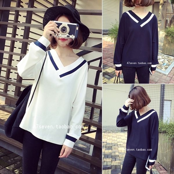 autumn t-shirt academic style loose slim contrast color v-neck long sleeve t-shirt female student casual top, White
autumn t-shirt academic style loose slim contrast color v-neck long sleeve t-shirt female student casual top, White