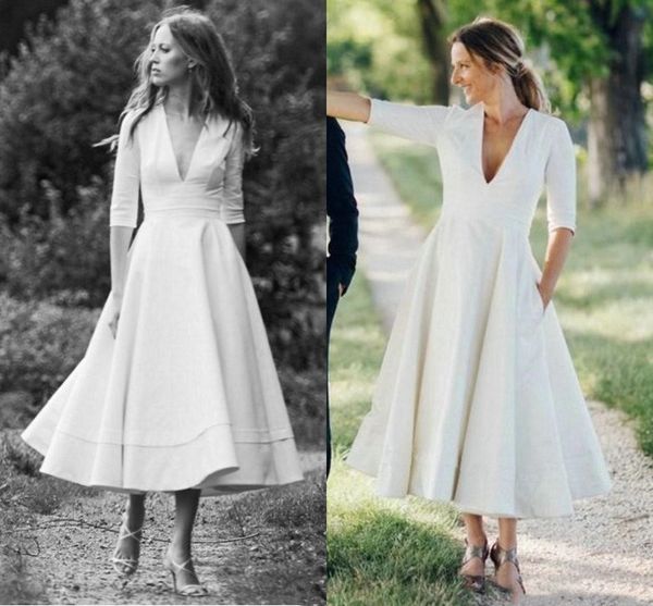 vintage tea length wedding dresses with half sleeve v neck retro country boho bridal gowns vestido de noiva custom size, White
vintage tea length wedding dresses with half sleeve v neck retro country boho bridal gowns vestido de noiva custom size, White