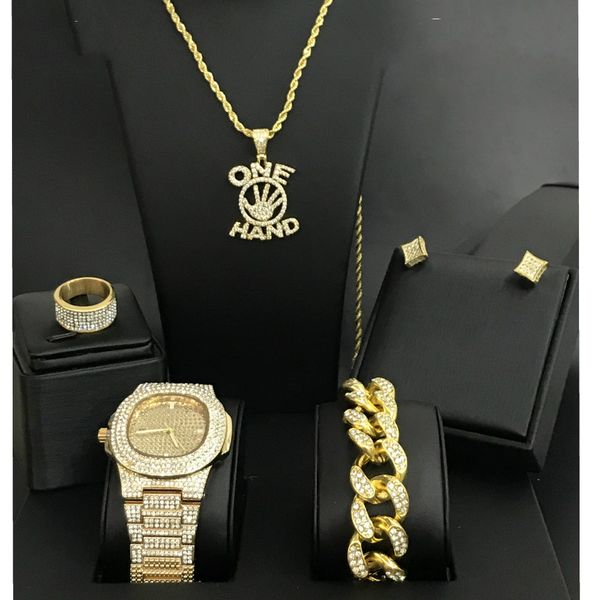diamond men watch iced out cuban hip hop watch &necklace & bracelet &earrings &ring combo set brand one hand pendant new, Slivery;brown