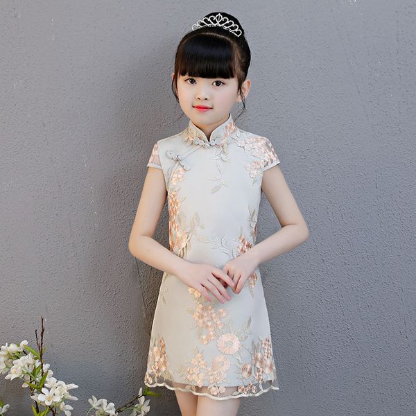 

summer children's lace embroider qipao clothing vestidos chinese girl cheong-sam lace girls dress baby girls casual dresses, Red