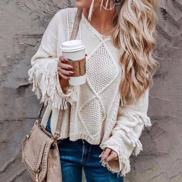 2019 new fashion pullover sweater women tassel ol commute solid color ins fashion loose sweater, Black
