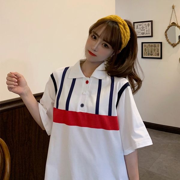 contrast color stitching t-shirt women's student loose dress dress polo collar slim short sleeve top, White
contrast color stitching t-shirt women's student loose dress dress polo collar slim short sleeve top, White