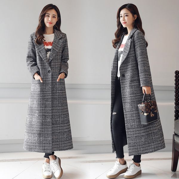 spring autumn women's wool plaid coat new fashion long woolen coat slim type female winter wool jackets female outw, Black 
spring autumn women's wool plaid coat new fashion long woolen coat slim type female winter wool jackets female outw, Black