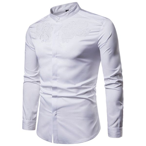 men new luxury slim fit embroidered shirt male stand collar dress formal shirt solid casual shirts man, White;black
men new luxury slim fit embroidered shirt male stand collar dress formal shirt solid casual shirts man, White;black