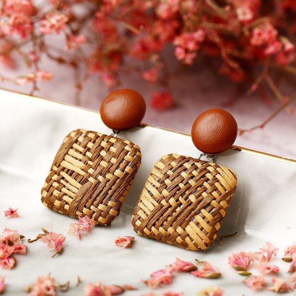 creative retro bohemian style braid grass braid square earrings, White 
creative retro bohemian style braid grass braid square earrings, White