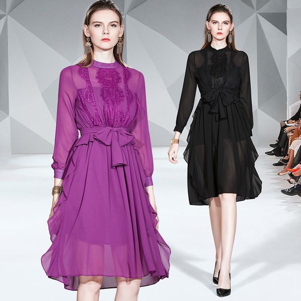 2020 runway chiffon lace black dress women long sleeve sashes slim party prom bow ladies designer dress elegant office knee-length dresses, Black;gray
2020 runway chiffon lace black dress women long sleeve sashes slim party prom bow ladies designer dress elegant office knee-length dresses, Black;gray