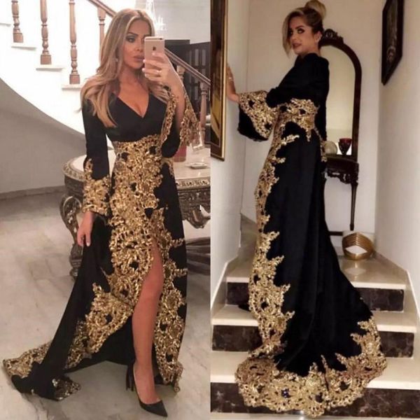 fabulous black side split evening dresses with long sleeves v neck plus size prom gowns sweep train gold lace appliqued formal dress
fabulous black side split evening dresses with long sleeves v neck plus size prom gowns sweep train gold lace appliqued formal dress