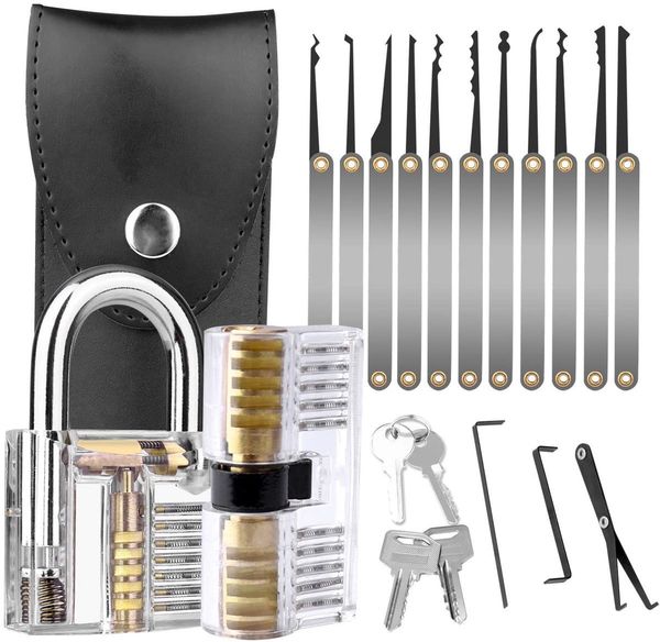 17-piece lock pick set professional hand tools padlock picking kit with 2 transparent training locks locksmith tools for beginner
17-piece lock pick set professional hand tools padlock picking kit with 2 transparent training locks locksmith tools for beginner