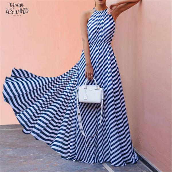 women summer boho long maxi dresses sleeveless backless halter blue striped dress vestidos evening party beach dresses sundress, Black;gray
women summer boho long maxi dresses sleeveless backless halter blue striped dress vestidos evening party beach dresses sundress, Black;gray