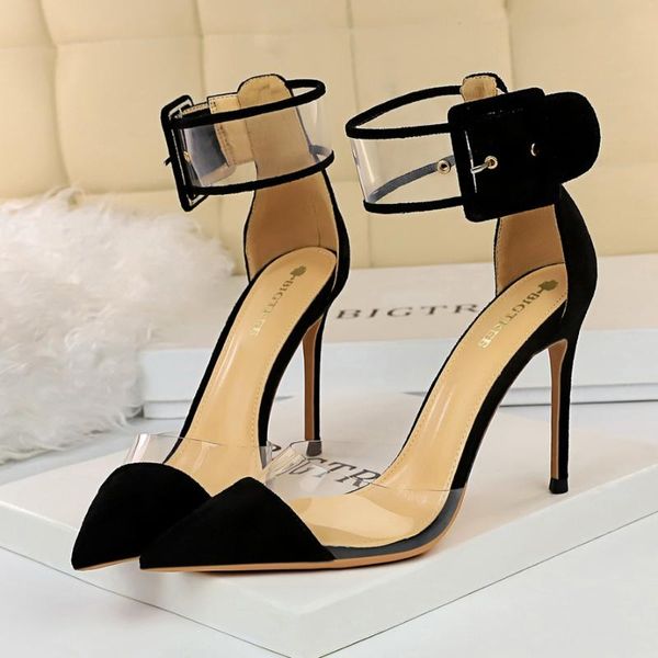 european and american super high heel shallow mouth suede stitching pointed hollow belt buckle hollow transparent word sandals, Black
european and american super high heel shallow mouth suede stitching pointed hollow belt buckle hollow transparent word sandals, Black