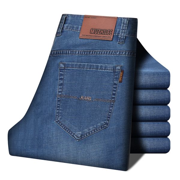 mens designer muzhilee summer thin stretch cotton jeans straight tube waist wash black pants, Blue
mens designer muzhilee summer thin stretch cotton jeans straight tube waist wash black pants, Blue