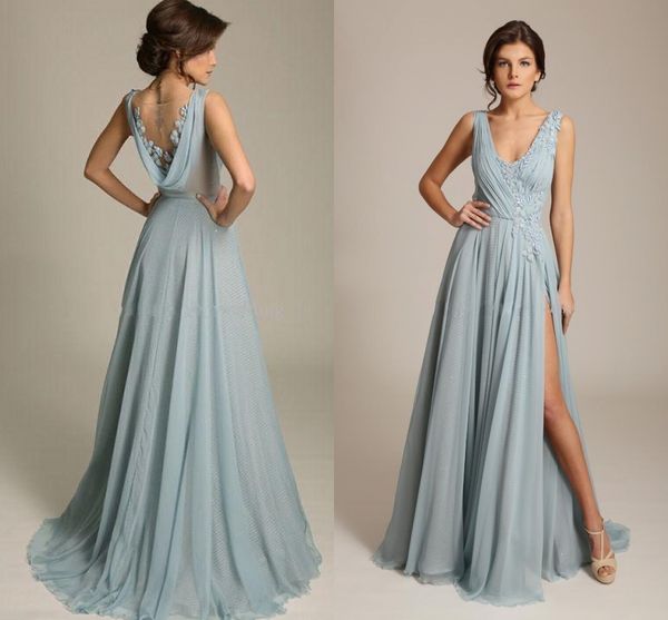 Gorgoues Dusty Light Blue High Split Prom Dresses V Neck Sleeveless Appliques Chiffon Draped Back Sexy Formal Evening Gowns Sweep Train
Gorgoues Dusty Light Blue High Split Prom Dresses V Neck Sleeveless Appliques Chiffon Draped Back Sexy Formal Evening Gowns Sweep Train