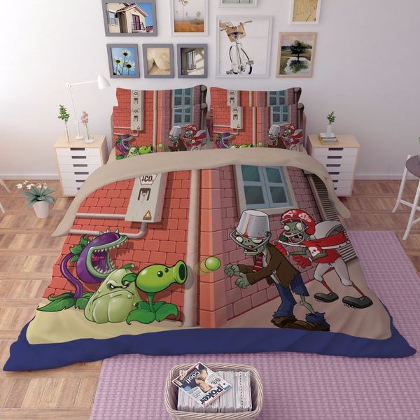 

new 3d cartoon bedding sets plants vs. zombies red anime printing duvet blanket cover pillowcase full  king size bed se