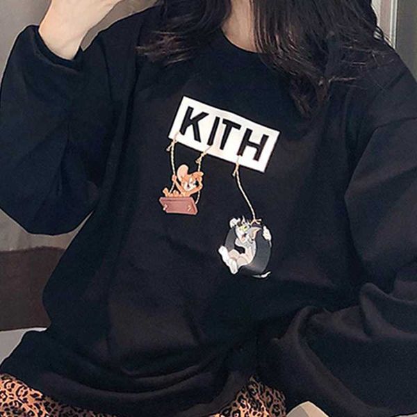 

19ss kt х том джерри ls tee friend сыр tee с длинным рукавом толстовка кошки и мыши мультфильм моды high street футболка пуловер hfymwy256, Black