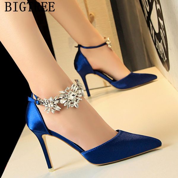 

mary jane shoes wedding heels dress shoes women pumps rhinestone heels blue high sandals women chaussure femme talon, Black