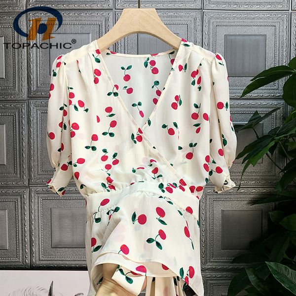 5.3 2020 spring summer new women cherry print criss-cross design temperament v-neck silk short sleeve blouse women, White
5.3 2020 spring summer new women cherry print criss-cross design temperament v-neck silk short sleeve blouse women, White