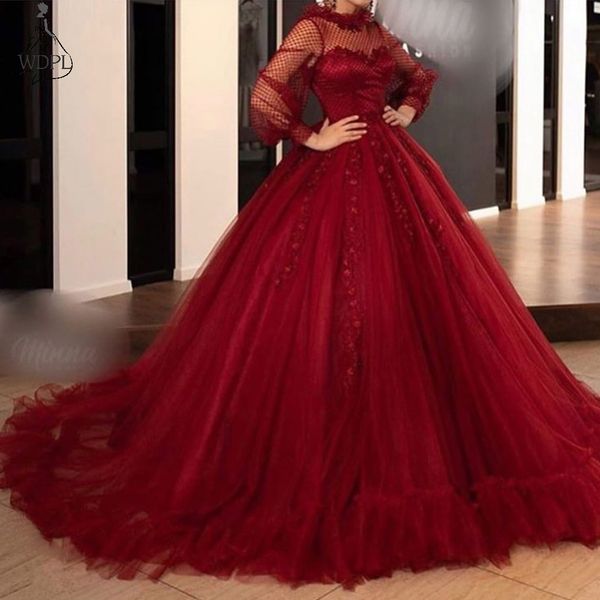 wine red ball gown prom dresses long sleeve high neck appliques tulle bride engagement dress puffy 2019 evening party gowns, White;black
wine red ball gown prom dresses long sleeve high neck appliques tulle bride engagement dress puffy 2019 evening party gowns, White;black