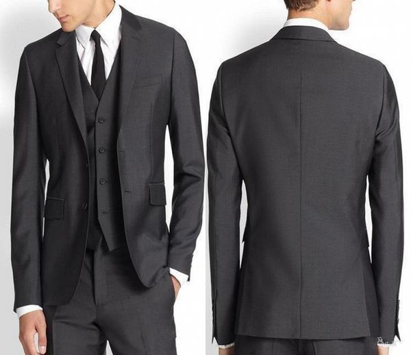 two buttons charcoal grey groom tuxedos notch lapel men suits 3 pieces wedding /prom /dinner blazer (jacket+pants+vest, Black;gray