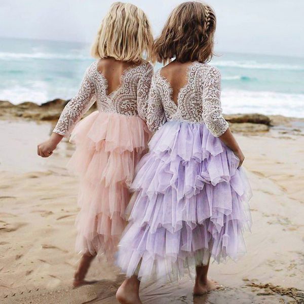 

3-8Y Lace Cake Tutu Layered Backless Girls Kids Wedding Flower Girl Dress Princess Party Pageant Long Sleeve Tulle Dresses XF95