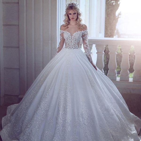 2020 new luxury a line wedding dresses illusion off shoulder lace appliques crystal beaded long sleeves sweep train plus size bridal gowns, White
2020 new luxury a line wedding dresses illusion off shoulder lace appliques crystal beaded long sleeves sweep train plus size bridal gowns, White