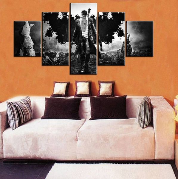 

5pcs/set unframed devil may cry dante with pistol black white poster print on canvas wall art painting for living room decor