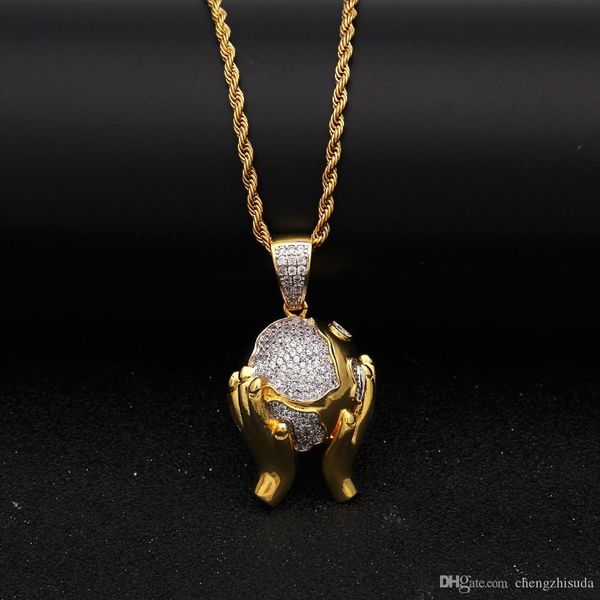 new micro paved cubic zirconia hand holding earth pendant necklace copper gold color punk jewelry for men women, Silver
new micro paved cubic zirconia hand holding earth pendant necklace copper gold color punk jewelry for men women, Silver