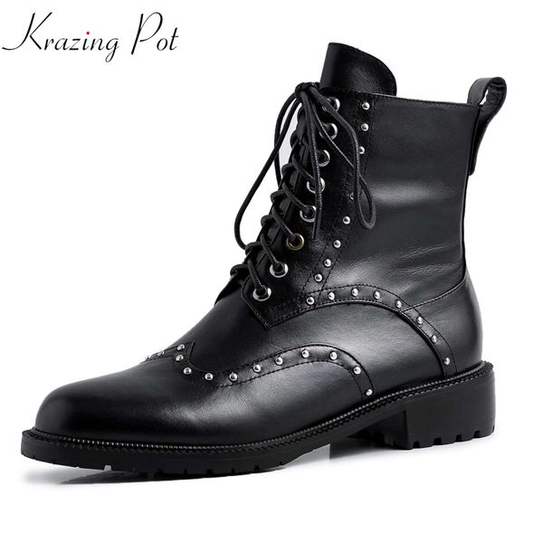 krazing pot genuine leather round toe thick med heels gladiator dating winter shoes keep warm rivets-studded boots l16, Black
krazing pot genuine leather round toe thick med heels gladiator dating winter shoes keep warm rivets-studded boots l16, Black