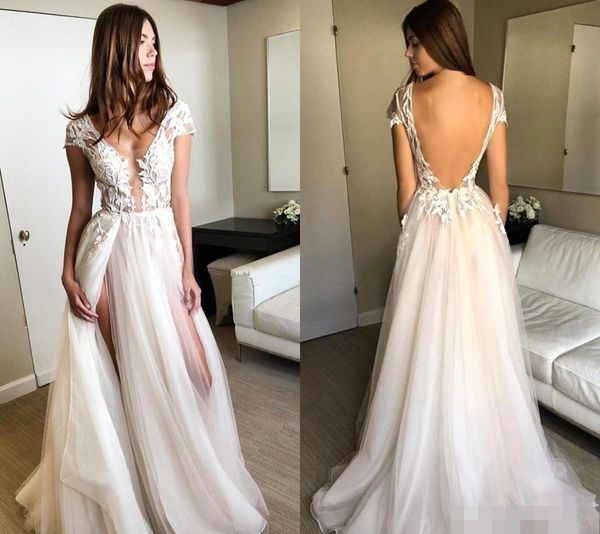 backless beach wedding dresses plunging v neck short capped sleeves tulle side high slit split lace applique wedding bridal gowns, White
backless beach wedding dresses plunging v neck short capped sleeves tulle side high slit split lace applique wedding bridal gowns, White
